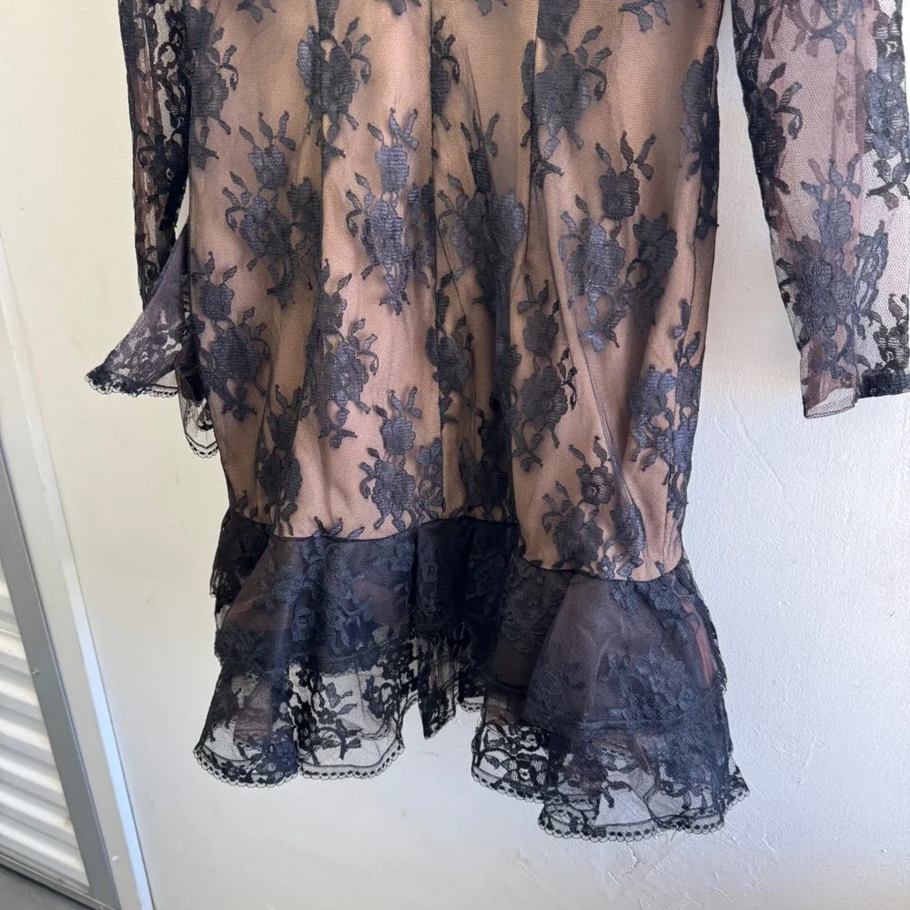 Victor Costa Black Lace Long Sleeve Tiered Mini Dress over Nude Slip - Picture 10 of 14